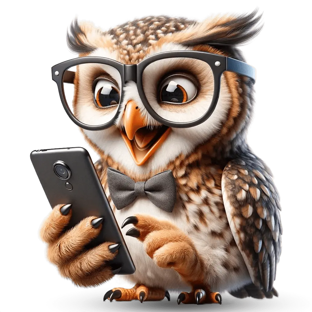 Uma coruja feliz, estilosa e nerd, mexendo no celular
